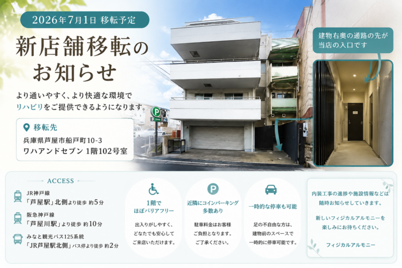 フィジカルアルモニー新店舗移転予定地（兵庫県芦屋市船戸町10-3 ワンアンドセブン1階102号室）の外観イメージ。JR芦屋駅徒歩5分の1階バリアフリー店舗。