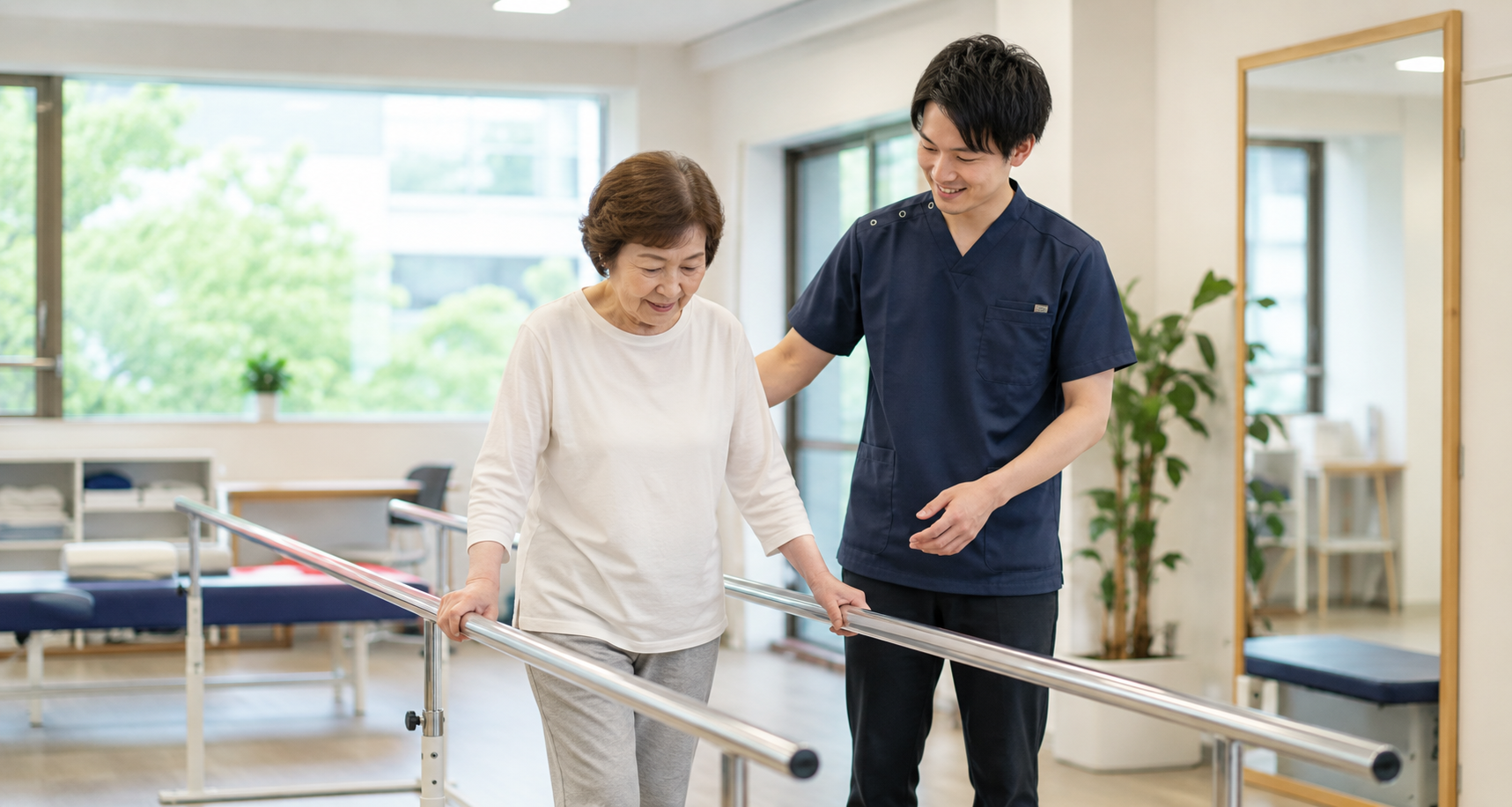 芦屋のリハビリ施設で専門職のサポートを受けながら歩行練習を行う高齢者